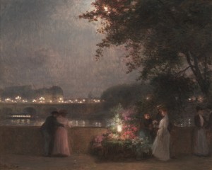 Flower seller on a bridge during night